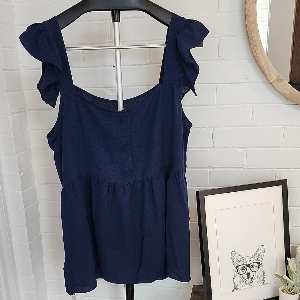 Navy Blue Ruffle Sleeve Top, XXL